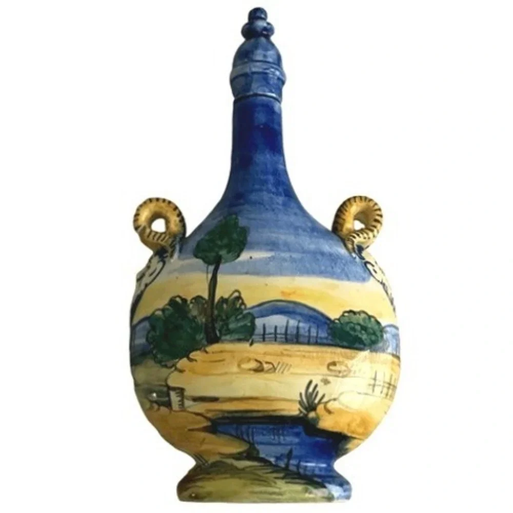 Antique 1906 Certosa di Firenze Italian Majolica Decanter Satyr Ram Horn Handles